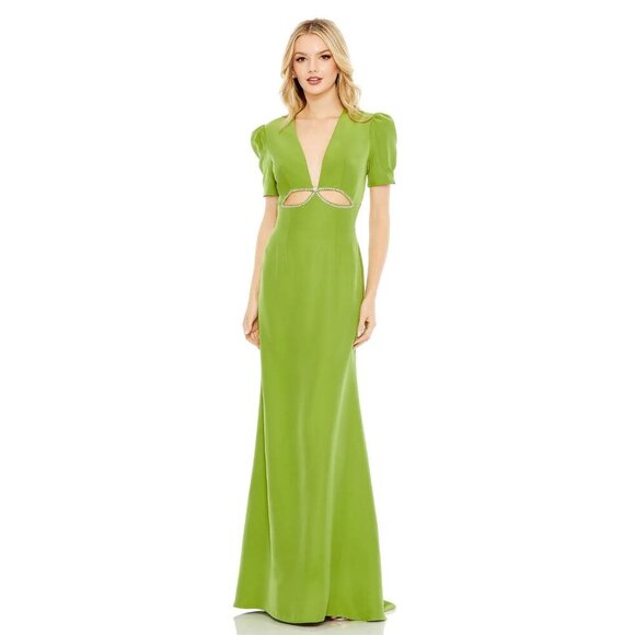 NWT Mac Duggal Plunge Neck Puff Sleeve Cut Out Gown Apple Green 8 - Picture 2 of 9